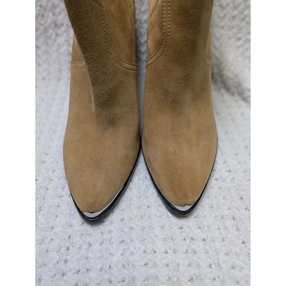 Joie Tan Suede Western Ankle Boots Metal Toe Tip Conical Heel Womens 38.5 - Picture 4 of 14